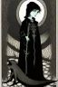 Placeholder: 7 year old boy, necromancer, friendly, looks dead,with a long lamprey emerging from his belly , wearing black robes, in the style of Harry Clarke