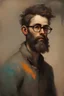Placeholder: Space young hippie with beard and poor short very short semi bald hair with glasses of colours painted by Goya with de look and feel of dark paintings