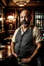 Placeholder: half figure shot photography of a 42 years old serious sicilian waiter in uniform, similar to Bud Spencer, shaved hair, muscular bearded chubby man with hands in the pockets, in an elegant empty restaurant, bulge, bullneck, manly chest, unshaved, short hair, photorealistic, dim light , side light, view from the ground