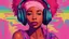 Placeholder: a woman with headphones on her head, red headphones, with headphones, girl wearing headphones, wearing purple headphones, wearing headphones, pink headphones, with head phones, headphones on, headphones, pop and vibrant colors, portrait happy colors, vibrantly colored, vibrant glow, afrofuturist, colourfull, wearing cat ear headphones, pop art look, portrait willow smith, brightly coloured