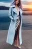 Placeholder: half body shot,realistic portrait of a 20-25 old caucasian model, long blue pink flowing hair, great grey eyes, blue leather jacket,full body, short white skirt,long legs,standing at beach of very nive lake with sunset ,clouds,godrayes