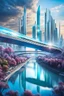 Placeholder: Dreamlike Skyline of Downtown futuristic hightech city in 4050 and a stunning futuristic Bridge During Sunlight over the azur-silver color river, cold colors, high detalied, sci-fi, landscape