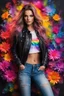 Placeholder: Gorgeous Realistic Photography Super Model European Beautiful young woman,hair colors rainbows as Rocker with clothing abstracts flowers luxury casual leather jacket and levis jeans dressing painting art neons rainbow colors glowing in the dark and colorful details, light leaks boleh colors,flowers background