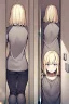 Placeholder: blonde girl runs in a corridor, back view, line arts, manga style