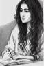 Placeholder: Pencil sketch of Young woman, Arab features,sad, long wavy hair, reading a book, full body، on lined paper