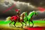 Placeholder: Hun Arrow Crossers on horseback, scorched earth, thunderstorm, red, white, green, sürrealism