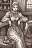 Placeholder: DnD style, medieval beautiful woman dressed in warm winter clothes sitting in a tavern