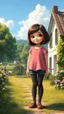 Placeholder: a 20 percent carton like child girl with realistic face and bob hair and makeup in pretty top and short tight and nice shoes,looking like a beautifull lady standing in country side next to country house with flowers,trees.