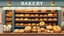 Placeholder: A design for a bakery shop that is filled with fancy breads, including baguette, sandwich, test, bagel, tortilla, white, and whole wheat, wheat ears, and sesame seeds.