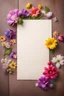 Placeholder: Colorful flowers and blank greeting card on wooden background with space for your greetings. Top view