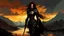 Placeholder: A formidable warrior girl in black armor, on the background Amazing gloomy landscape, flooded with sunset, mountains, trees, fabulous scary hero, , juicy emotions, painting, dark fantasy, gloomy day, dark world, portrait, by Leonid Afremov & Benedick Bana & Atelier Olschinsky & Ian McQue