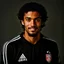 Placeholder: 85mm DSLR color photography of a very detailed headshot fitting all of head and hair in frame. 23-year-old English soccer player, with black hair color and with facial hair and has a brown light skin tone with a small smile, grey background