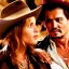 Placeholder: johnny depp as indiana jones kissing a blond girl looking at him. high definition