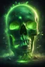 Placeholder: huge glowing green skull screeching and destroying the area around it glowing with music notes around the area and the energy is destroying the area