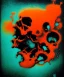 Placeholder: broken skull. black background. smoke and explode. particles in air. teal and orange. abstract. beksinski.