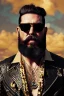 Placeholder: Artistic photo in the audacious style of Jill Greenberg, of man with a luxurious and striking style, abundance of jewelry, oversized square one-piece sunglasses,black beard, prints, extravagant, baroque scene , impasto style with thick textured strokes