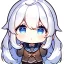 Placeholder: Clear focus, High resolution, long white hair, hair between eyes, straight long locks, sparkling blue eyes, wearing a sailor uniform, wearing a sailor skirt, wearing a brown vest, cute, 1girl, fluffy hair, cute, chibi, cartoon, rough line art, white background