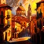 Placeholder: A realistic oil painting of medieval Florence, with intricate details of the architecture and streets, painted in the style of Jan van Eyck and Paul Cézanne, (long shot), warm golden lighting, vibrant colors, historical accuracy.