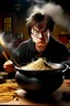 Placeholder: Angry Harry Potter use pot with chinese noodles behind the Hermione