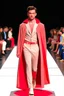 Placeholder: A guy on a fashion runway with Superman elegant Clothes in neutral colors