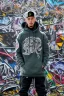 Placeholder: the coolest rapper ever with hoody and trendy clothes. graffiti wall in background are full of nft images and crypto currency symbols