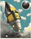 Placeholder: The has a black head with a yellow dot and rides on top of a rocket flying in the sky