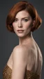 Placeholder: mix christina hendricks molly quinn alexandra daddario, short haircut, tanned skin, dark background, mid shot, full body, neutral expression, buzzcut hair, ultra realistic, highres, superb, 8k wallpaper, extremely detailed, intricate, limited palette,