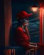 Placeholder: woman with a red baseball hat. leaning on a wooden balcony. night time. fantasy. studio lightining.