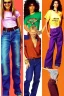 Placeholder: year 1996 denim fashion. Loose fit, low waist, baggy, Combat pants and t-shirt. Colors: denim blue, blue, purple, khaki, light green, lilac, plum, orange, terracotta, red, pink, dark blue, beige. Women models. Patterns: cheetah, balls, stripes.Jennifer Lopez, Gwyneth Paltrow, . Big tennis shoes on. Cargo pants. leg warmer