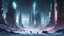 Placeholder: cyberpunk city with high buildings, night time, protected by a large energetic shield, on a frozen planet