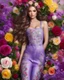 Placeholder: length picture, overalls photography ultra realistic high details ,beauty colors ,full body, beautiful girl super model beauty make up cosmetic baubles surrounded by an abundance of flowers, wearing a dress made of elements flora flowers purple with colorful roses, with long hair adorned with small flowers, and a background filled with greenery and roses