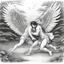 Placeholder: [traditional, monochromatic nature pencil drawing Japanese art] Jacob wrestling with angel