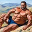 Placeholder: a big muscle man sitting on a horse in hills like a 19th painting