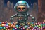 Placeholder: Prompt: "In the style of Chris Dunn, concept art for a transparent glass baby robot full of gumballs who is also a gumball machine. He has big eyes and a transparent helmet full of gumballs and is juggling gumballs in front of a futuristic cityscape. The art has a steampunk and a retro science fiction style with vibrant colors. It is a digital illustration with high detail. The background features a fantasy world with an epic composition and cinematic lighting."