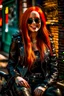 Placeholder: pretty young girl, red long haired, nice smile, sunglasses, hearphones, little leather jacket, skirt and boots rocker fashion