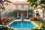 Placeholder: all scene is made of small colored cubes:a luxury villa yard with pool in center and pretty plants trees flowers, morning mist, lost paradise atmosphere,a pretty model lady in victorian clothing walking in villa yard in flowers .every thing and lady is made of small colored cubes as a puzzle