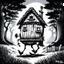 Placeholder: Make black and white cute drawing of a Baba Yaga’s House (Walking Hut on Chicken Legs) with black bold lines. Only outline, no grayscale. A quirky wooden hut with chicken legs, stomping playfully through a magical forest. Add details like a crooked chimney, glowing windows, and a fence made of bones.