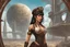 Placeholder: exotic sci-fi steampunk pin-up girl, with long dark hair with bangs, on an alien planet with cloud trees, tall spires, buildings, bridges, arches, photorealistic