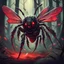 Placeholder: A deadly bee creature in the forest with red glowing eyes and legs that end in razor sharp needles with a deadly poison sting, in card art style