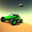 Placeholder:  centered,dune buggy, 3 wheeler, green sky, worms, rocks