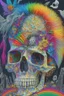 Placeholder: A crackled old painting entitled "Shaking the ghost out of the machine"; a skeleton with ghostly double rainbow made of mixed media such as feathers, foliage, flowers, and gemstones emerging from a giant crack at the top of the skull; surreal, quilling, optical art, award-winning, masterpiece, Intricate, provocative, psychedelic, Magnificent.