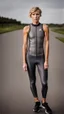 Placeholder: photography of a beautiful anorexic woman, grey satin triathlon top, sports illustrated, blond short wavy bob haircut, pronounced sternum, flat chest, anthracite cycling leggins