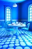 Placeholder: 3D-shot A large, oval-shaped table in a restaurant, the color of the table is blue and white, the color of the walls is blue, and the floor color is white