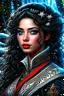 Placeholder: depth of field, photorealism, downlight, Magic camping site, beautiful, ornate dress uniform, casting spell water snow fly, black wavy hair, enchanted fantasy, cinematic composition, very detailed red machine components, one camera lens eye and shiny black hair, hazel green eyes, 24k, ornate, intricate, complex, digital painting, smooth, art by royo and tom bagshaw.