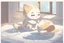 Placeholder: cute chibi thankful cat praying in an icy room in sunshine