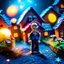 Placeholder: Detailed people, creepy street made of modeling clay and felt, village, stars, galaxy and planets, sun, volumetric light flowers, naïve, Tim Burton, strong texture, extreme detail, Yves Tanguy, decal, rich moody colors, sparkles, Harry Potter, bokeh, odd