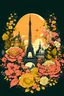 Placeholder: generate Paris skyline fleuriste women arrosé flowers color dark Peach and mustard iffel in the center