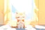 Placeholder: cute chibi thankful cat praying in an icy room in sunshine