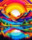 Placeholder: A vibrant, stylized landscape featuring rolling hills, abstract trees & a sun rising over a reflective body of water. A rainbow-hued mountain looms in the background with geometric shapes & layers blending vivid colors like red, orange, blue & purple. The scene conveys a surreal, futuristic aesthetic with smooth lines & gradient transitions between natural elements, creating a dynamic interplay of light, shadow & color.