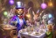 Placeholder: the mad hatter's tea party, long table, the mad hatter, the march hare, alice, the cheshire cat, alice in wonderland, signpost pointing in different directions, orbs of light, tea pot, teacup, film still